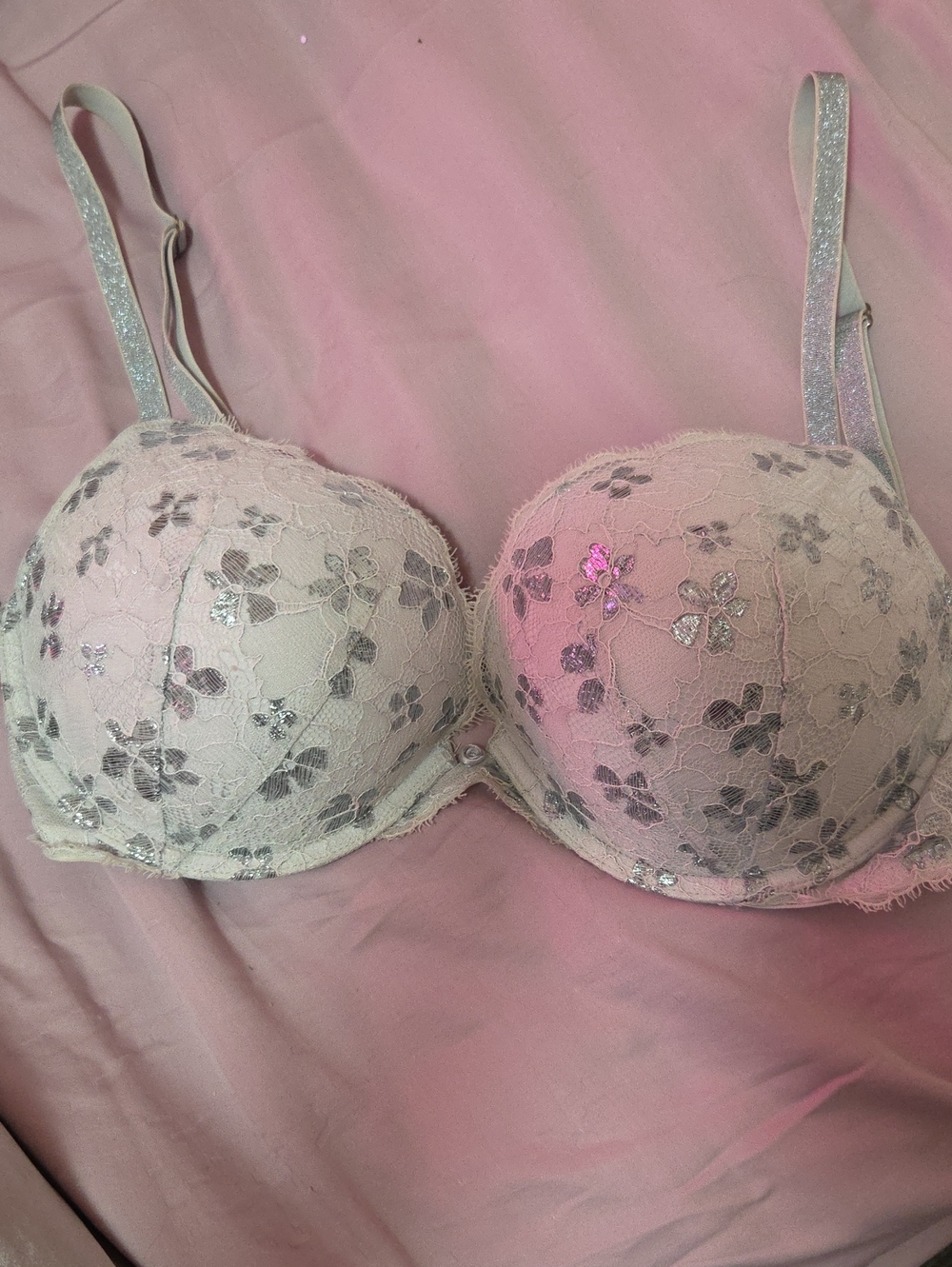 Victoria's Secret White Lace Bra with Silver Floral Accents